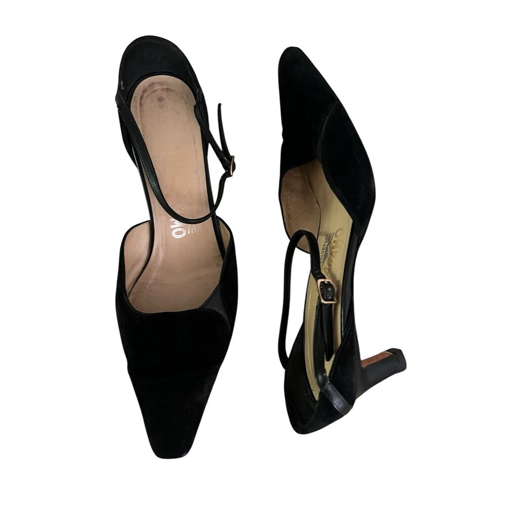 Salvatore Ferragamo Vintage Black Suede Kitten Heels Ankle Strap Pumps 9.5